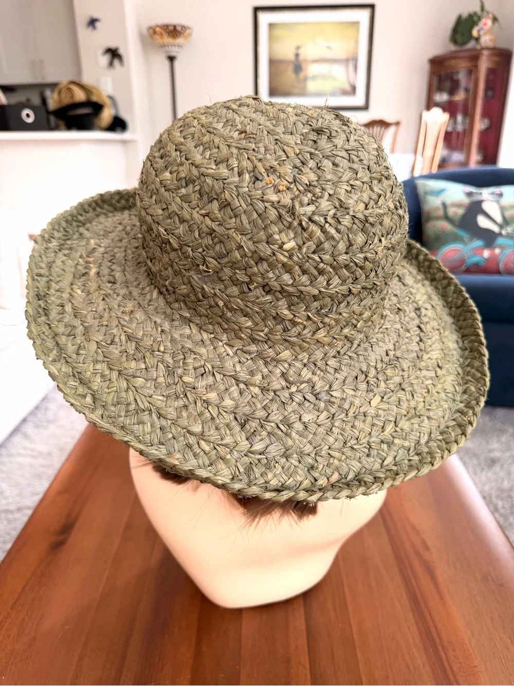 Olive Green Thick Woven Straw Wide Brim Boho Hat
